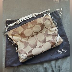 Coach Brown Signature Canvas Shoulder Bag with Metallic Trim